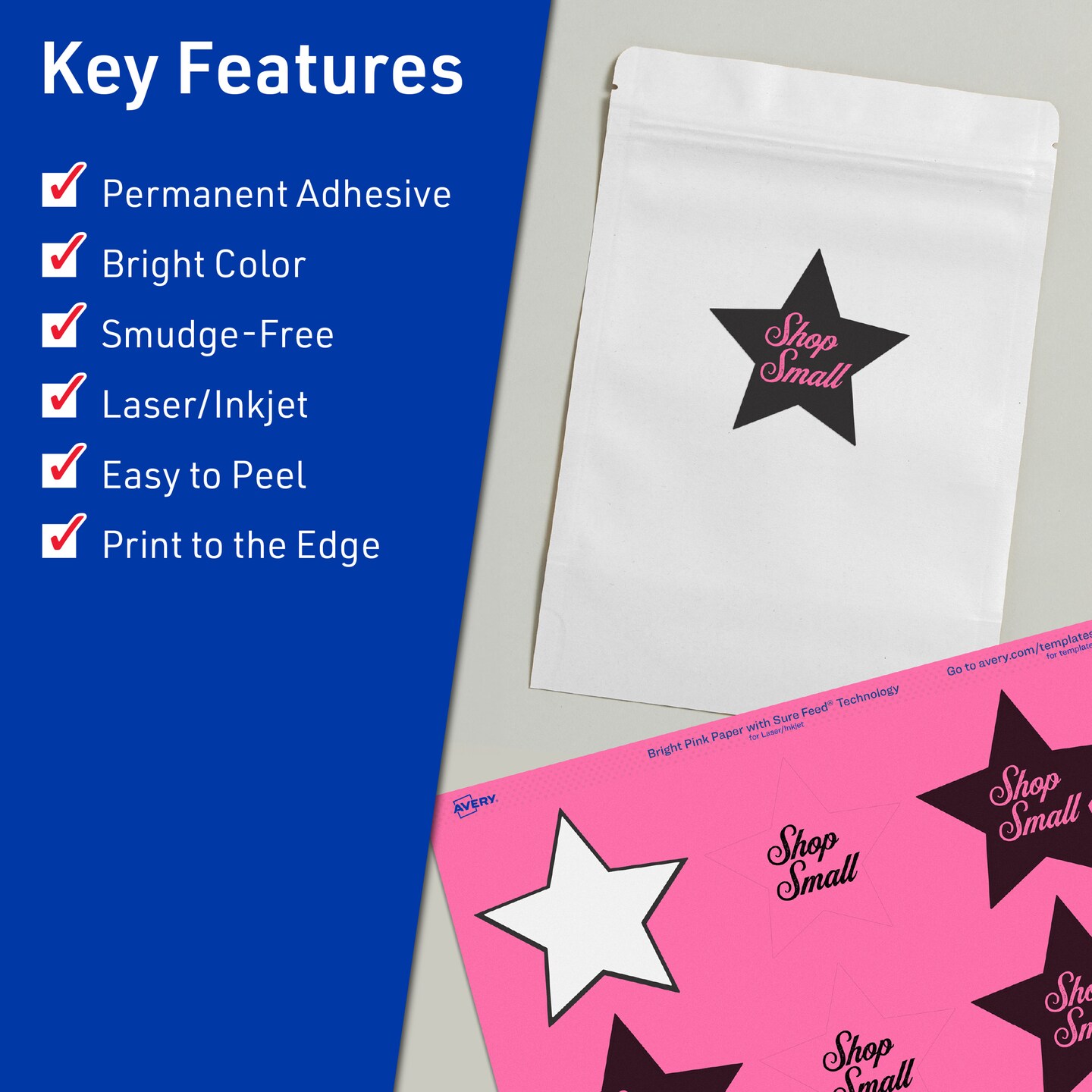 Avery Bright Pink Paper Labels, 2-1/4&#x22; x 2-3/8&#x22; Star