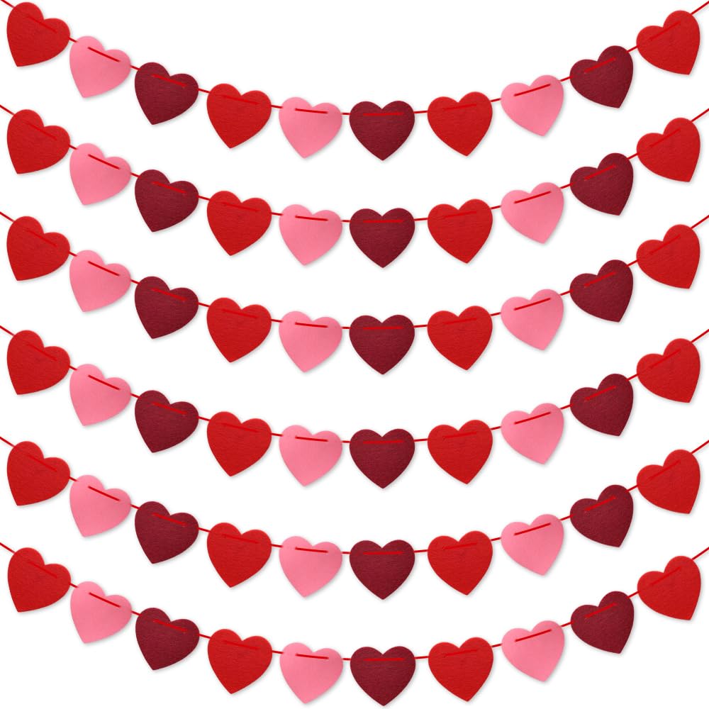 Valentines Day Decorations, Pre-Strung Felt Heart Garland for Mantle, Wall, Party Decorations, Hanging Hearts Decorations for Valentines Day Decor - 6 Strips of Valentine&#x27;s Day Banner
