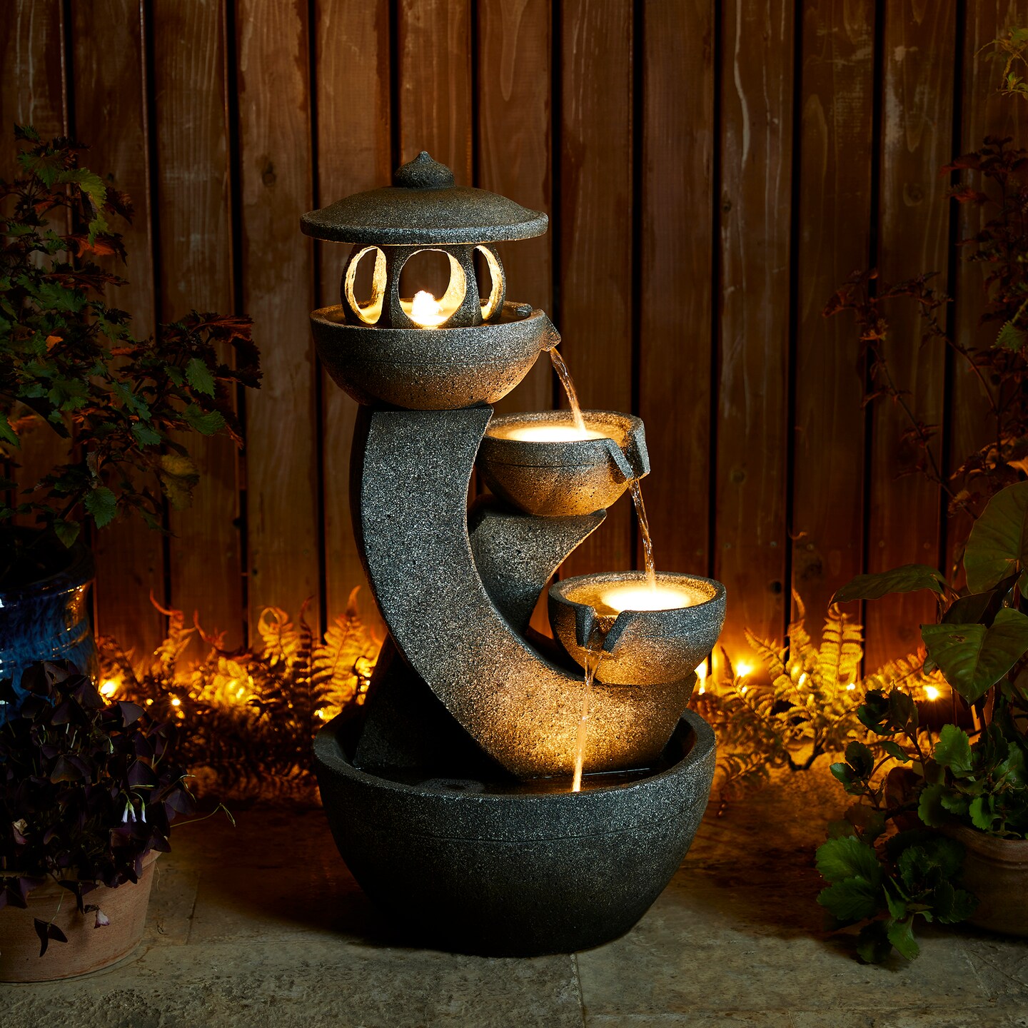 32&#x22;H 4-Tiered Pagoda Polyresin Outdoor Fountain with Pump and LED Light