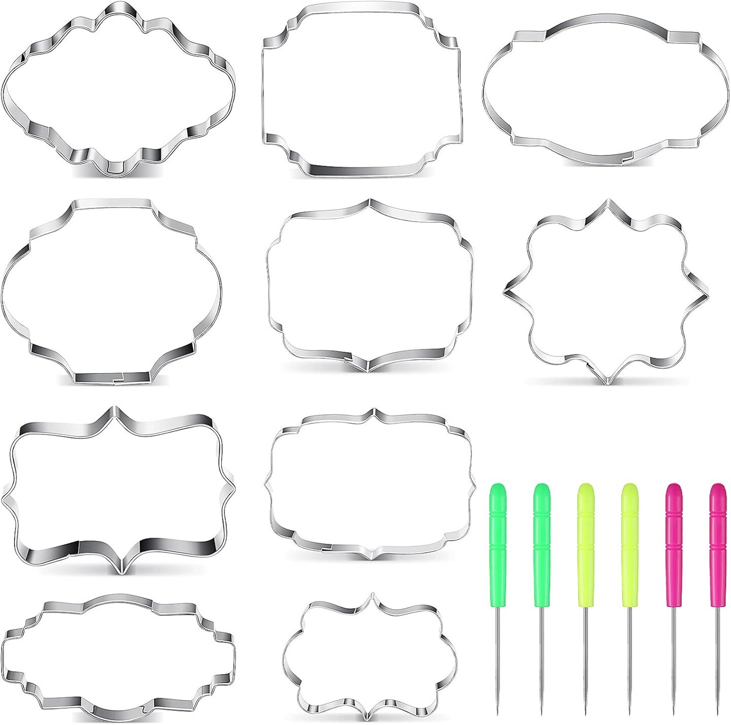 10-Piece Plaque Frame Cookie Cutter Set Stainless Steel &#x26; 6 Sugar Pins