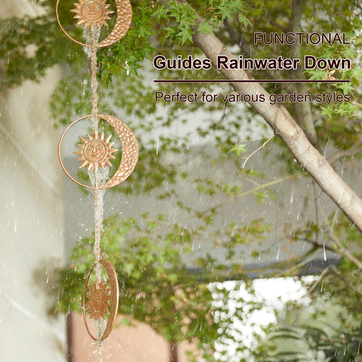 8.5ft 8-Piece Faux Copper Patina Finish Sun and Moon Rain Chain with V-Shaped Gutter Clip