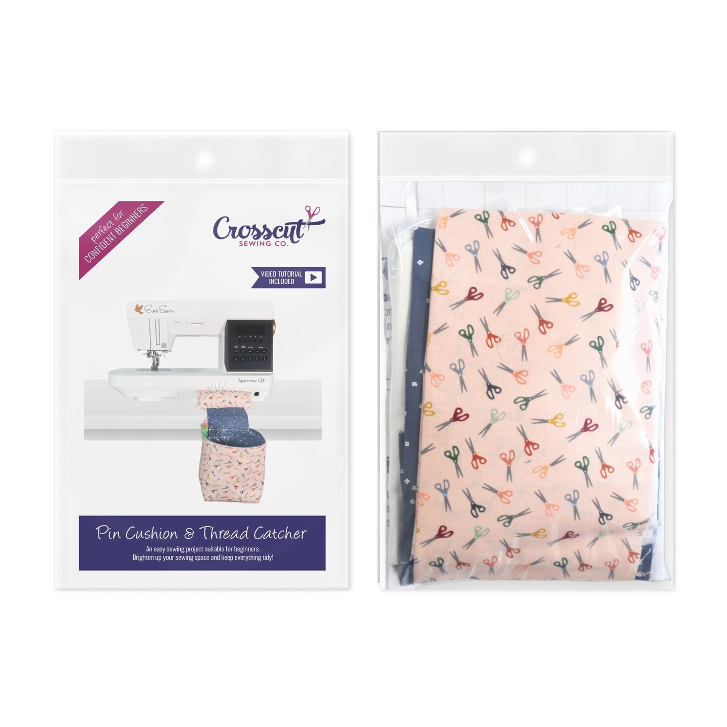 Crosscut Sewing Co.® Pin Cushion & Thread Catcher Sewing Project Kit for Beginners with Fabric, Instructions and Video