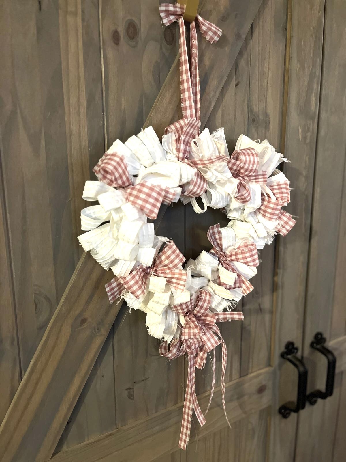 Shabby Chic Heart Rag Wreath Mauve Gingham Art Deco Canvas Vintage Farmhouse Love Nursery Unique Country Cottage Stylish Wreath Handmade - image10