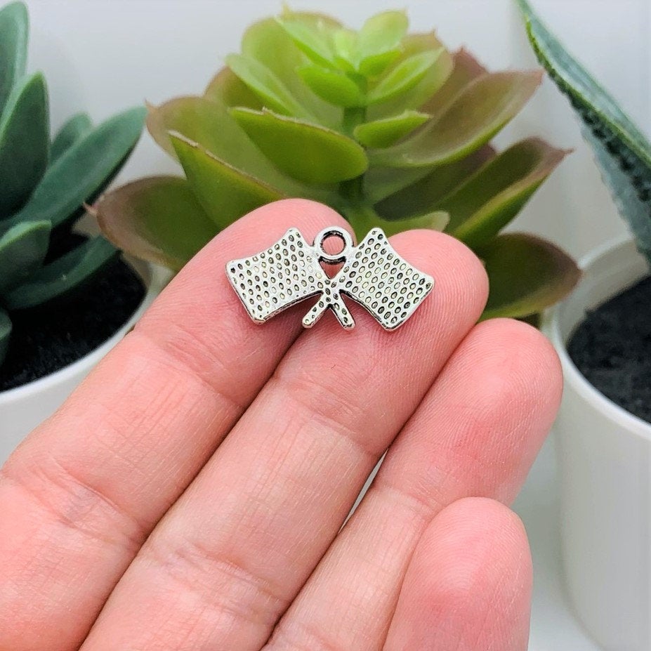 4, 20 or 50 Pieces: Silver Checkered Flag Racing Charms