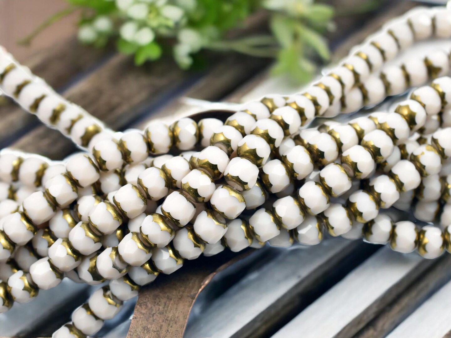 6x8mm Bronze Electroplated Opaque Ivory Faceted Rondelle Beads (15.75" strand)