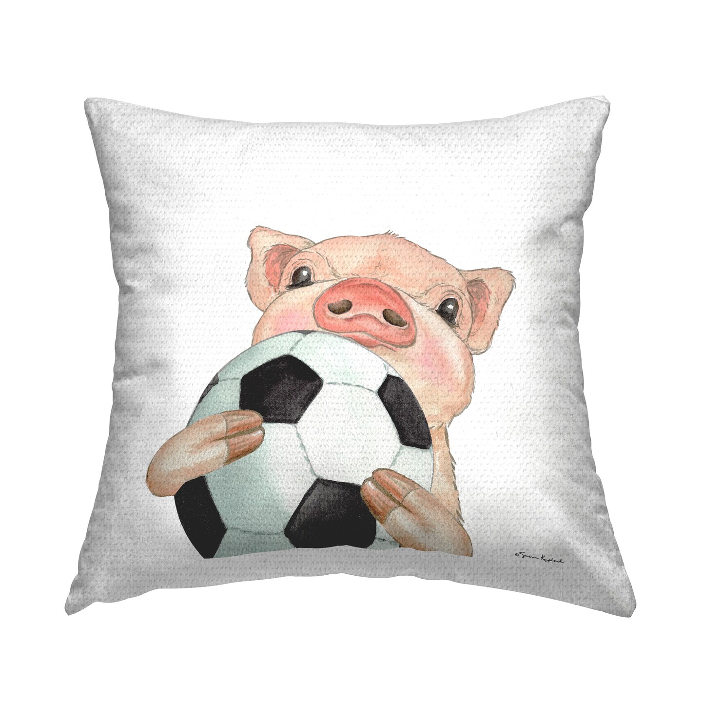 Pig with Soccer Ball Design by Sharon Kuplack Outdoor Printed Pillow 