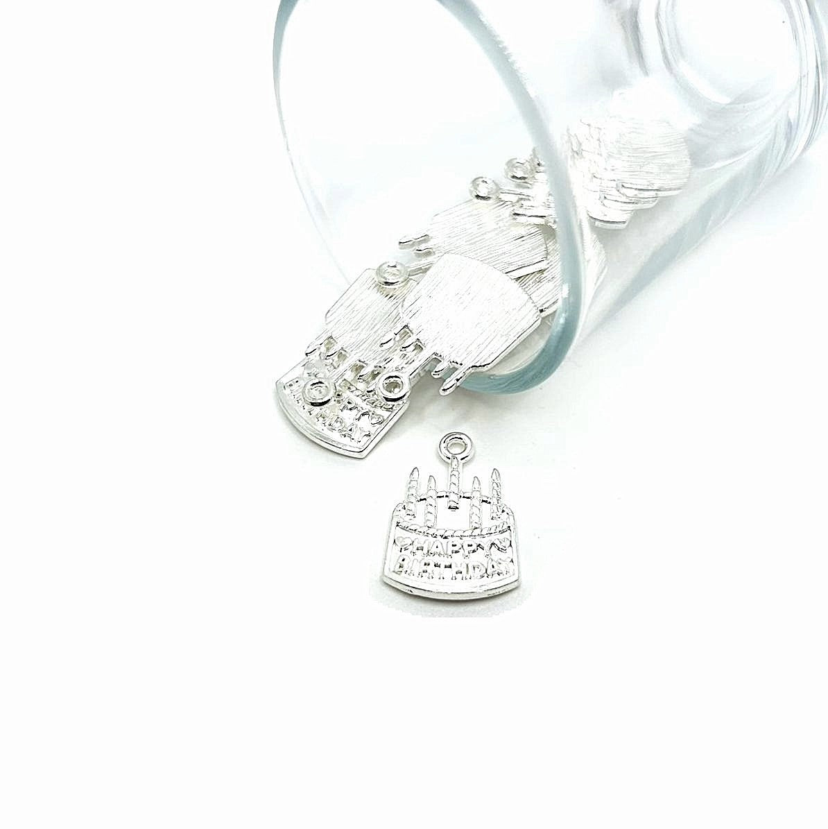 4, 20 or 50 Pieces: Silver Plated Happy Birthday Cake Charms