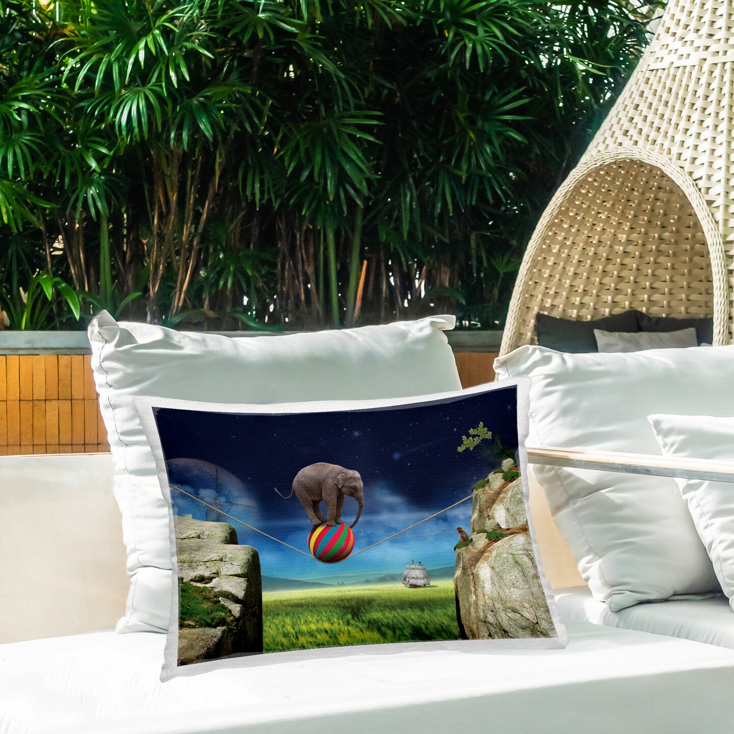 Surrealist Balancing Elephant Design by Noble Works Outdoor Printed Pillow 