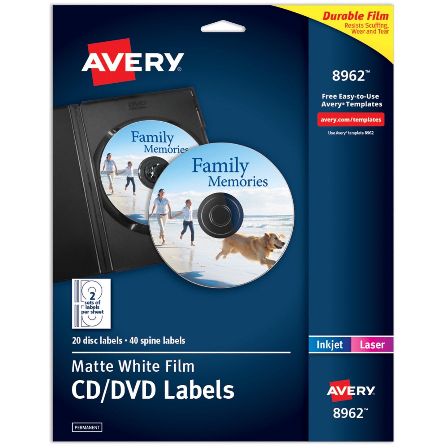 Avery Film DVD Labels, Permanent Adhesive, Matte, 20 Disc Labels and 40 Spine Labels (8962)