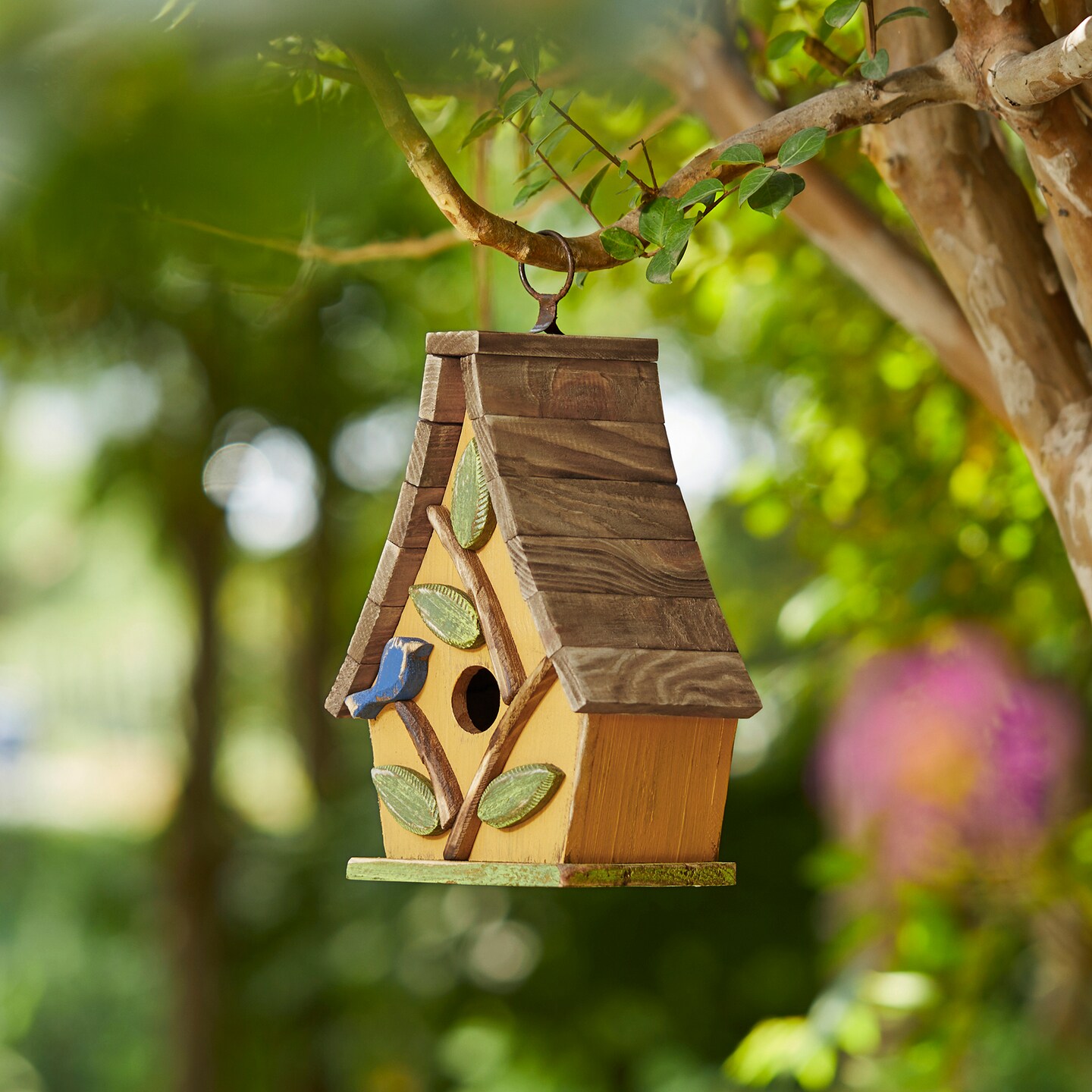 Set of 2 9.5''H Distressed Solid Wood Decorative Outdoor Garden Birdhouse with Natural Wood Slatted Roof and 3D Tree