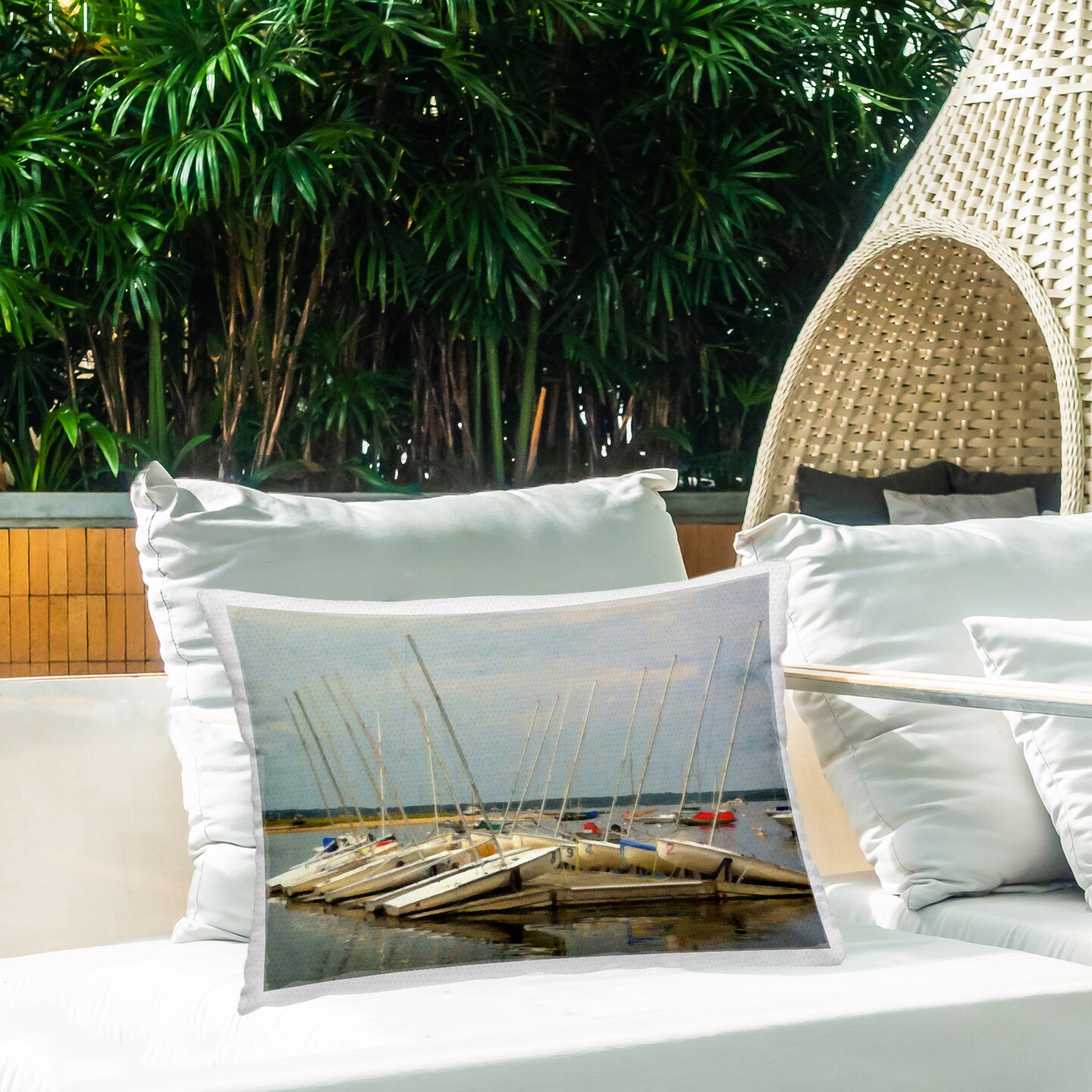 Boats Docked at Port Design by GraffiTee Studios Outdoor Printed Pillow 