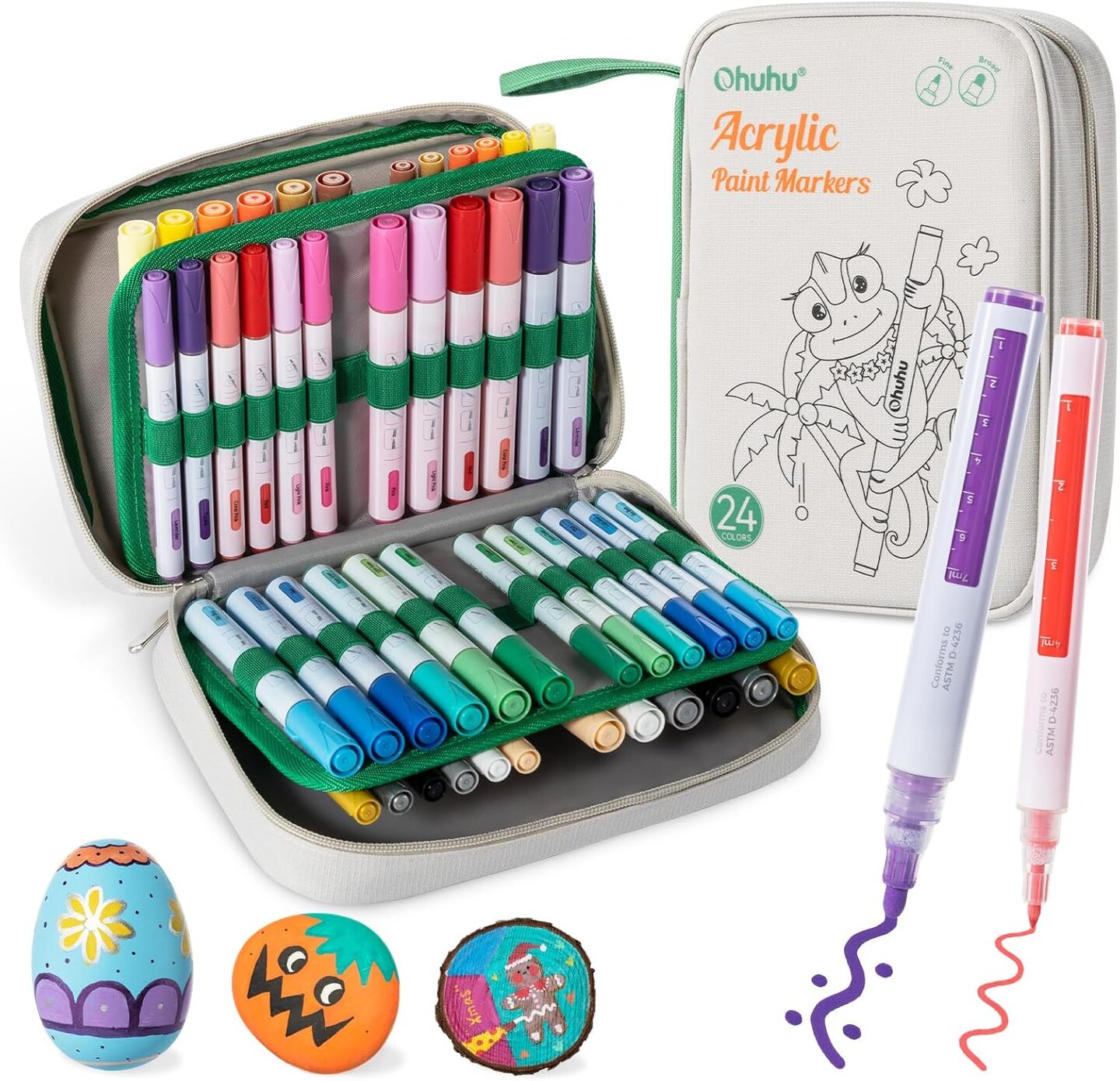 Ohuhu Acrylic Paint Markers 48 PCS 24 Colors Double Pack of Fine Tip & Reversible Tips (Chisel & Round) Acrylic Markers High Opacity Paint Pens for Rock Painting Easter Egg Wood Glass Ceramic Canvas