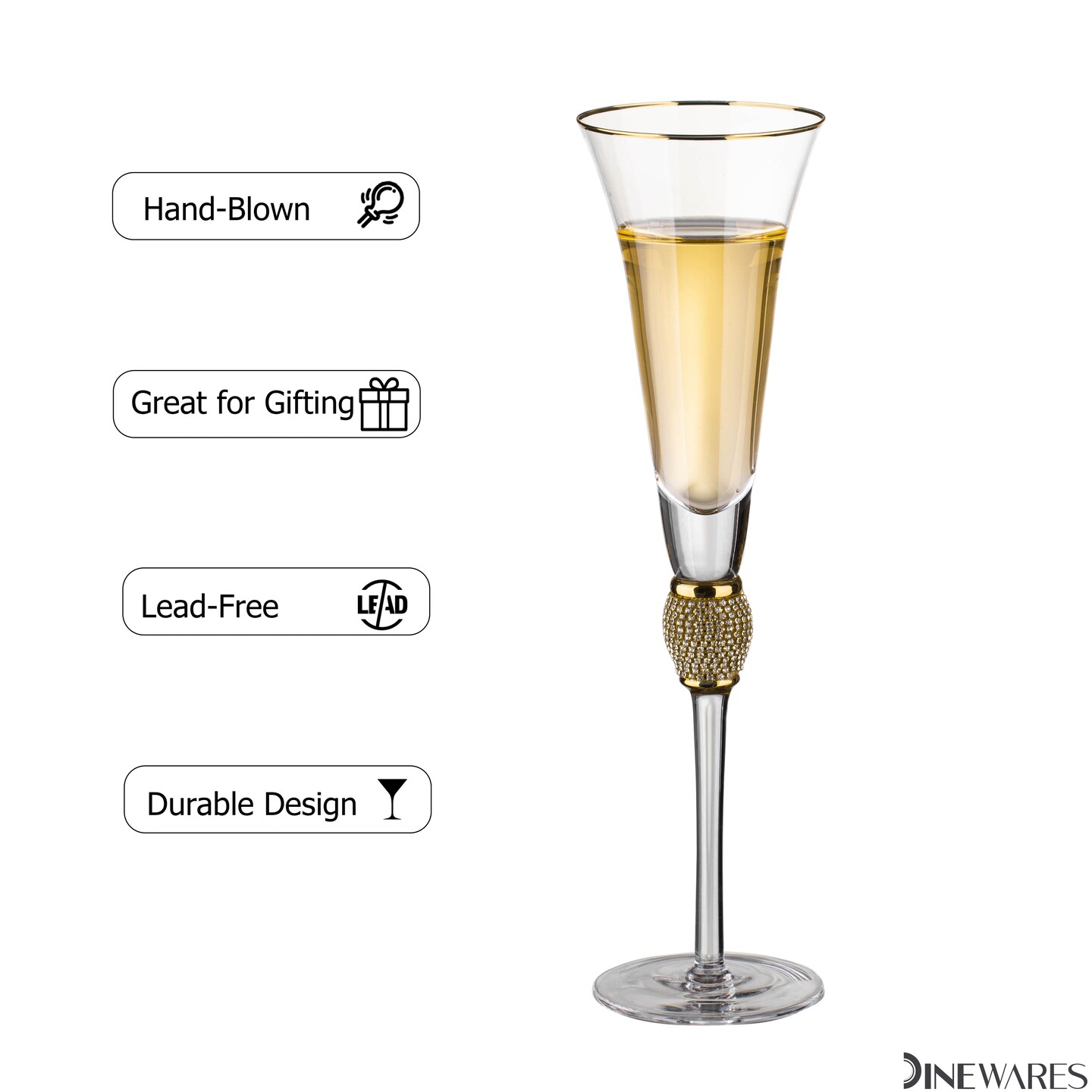 Elegant Crystal Set Wedding Champagne Glasses with Diamond Rhinestone Accents and a Polished Rim - 11 in Tall with Slender Long Stems, 7 oz - Chic Toasting Set for the Bride and Groom