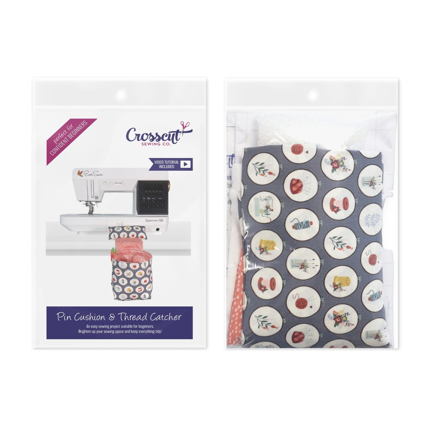Crosscut Sewing Co.® Pin Cushion & Thread Catcher Sewing Project Kit for Beginners with Fabric, Instructions and Video