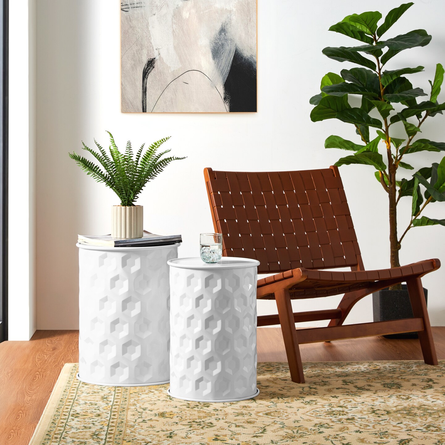 Set of 2 Embossed Honeycomb Texture Cylindrical Metal Garden Stool