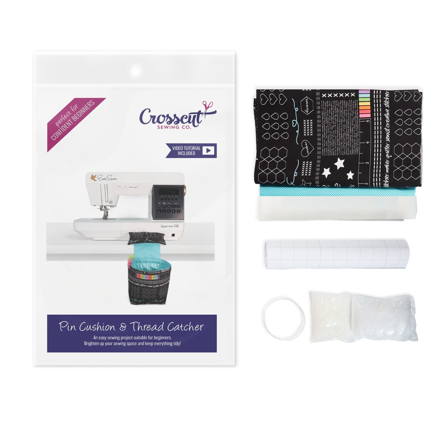 Crosscut Sewing Co.® Pin Cushion & Thread Catcher Sewing Project Kit for Beginners with Fabric, Instructions and Video