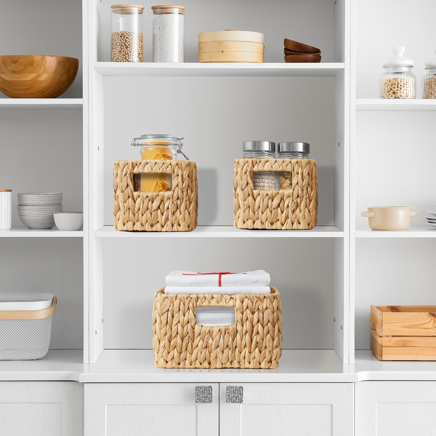 Casafield Set of 3 Water Hyacinth Storage Baskets for Shelves - Woven Organizers with Handles for Bathroom, Laundry, Pantry, Office