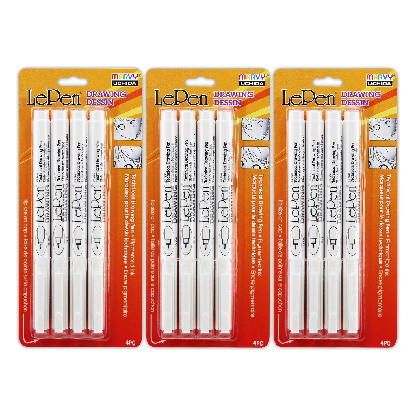 LePen&#xAE; Drawing Pens, 4 Per Pack, 3 Packs