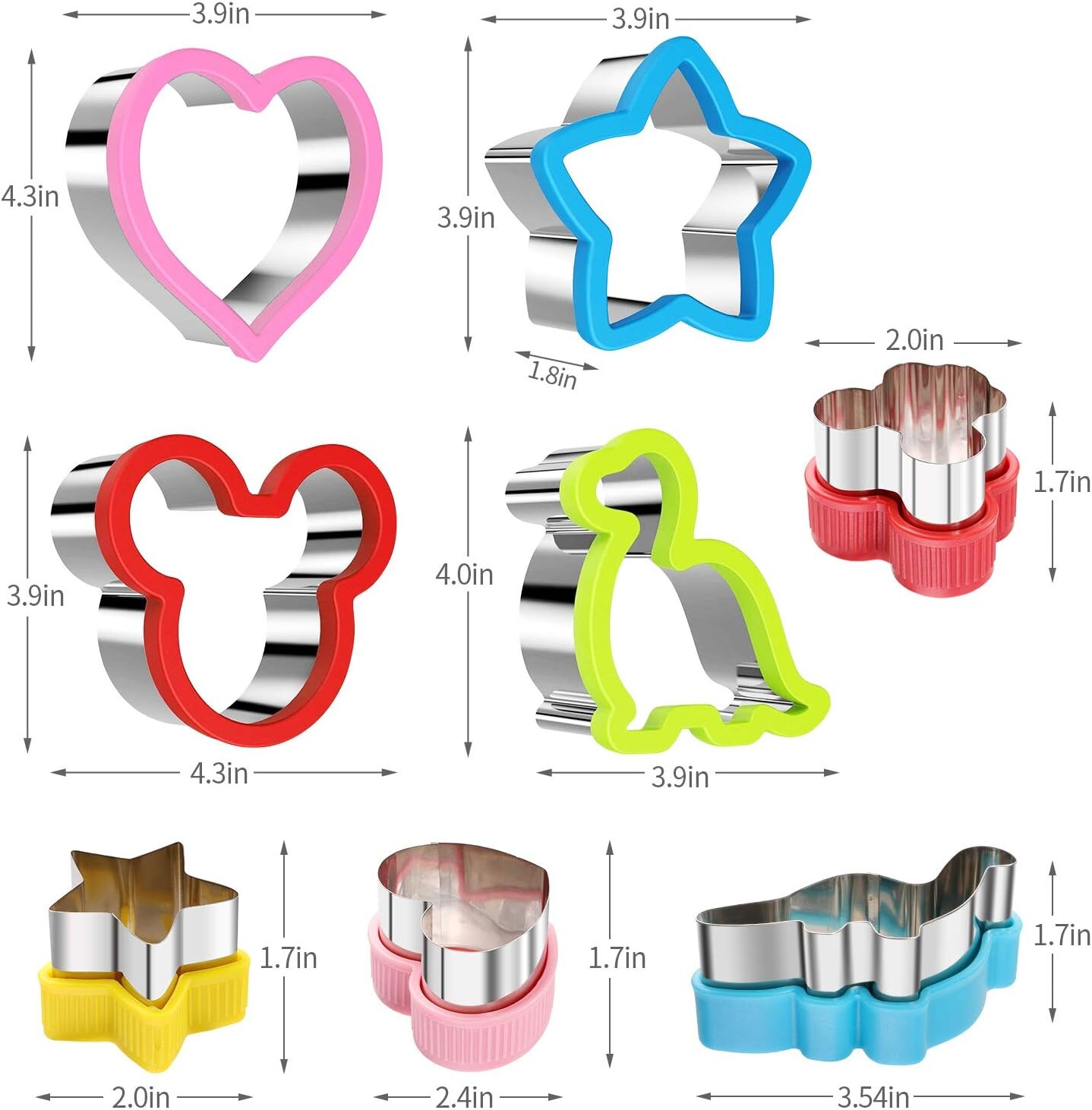 8 Pack Stainless Steel Sandwiches Cutter Dinosaur Heart Star Shapes for Kids