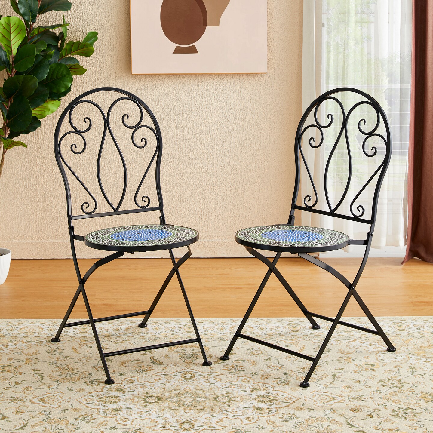 Set of 3 Black Outdoor Metal and Ceramic Tile Folding Bistro Set