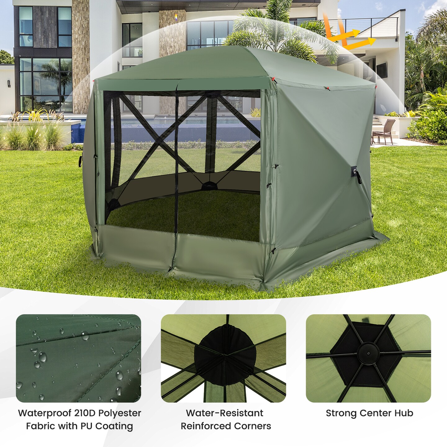 Costway 11.5 X 11.5 FT 6-Sided Pop-up Screen House Tent With 2 Wind Panels for Camping Coffee/Green