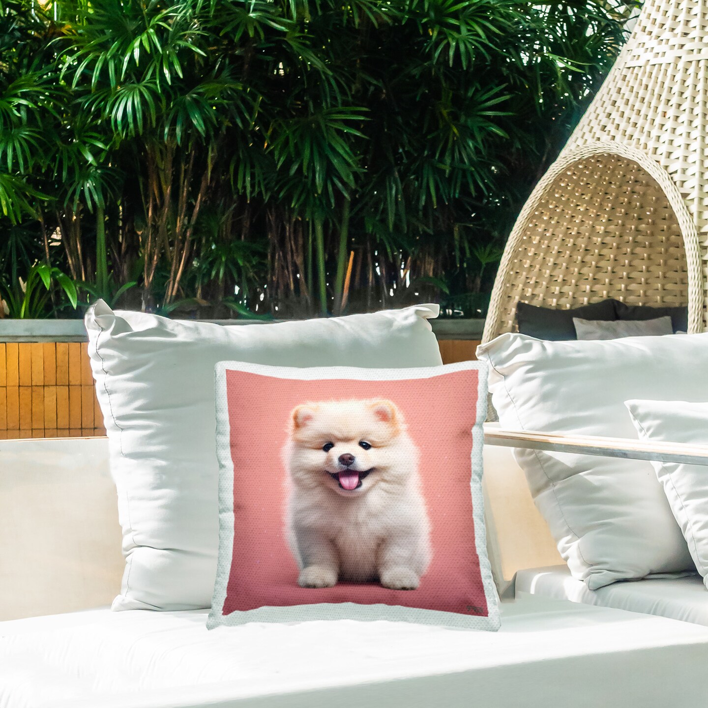 Fluffy White Puppy Design by RB Outdoor Printed Pillow 