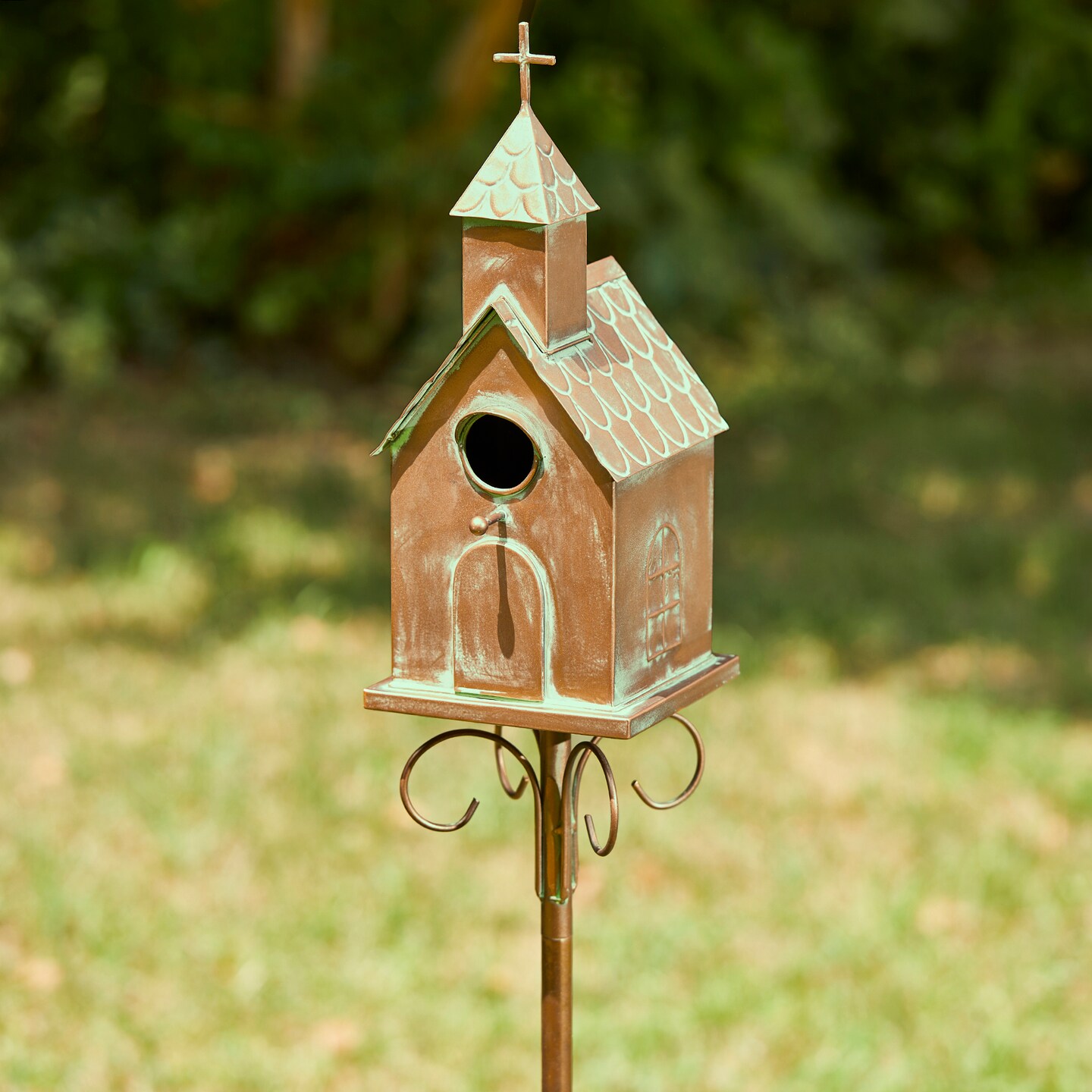 Set of 2 53.00''H Farmhouse Faux Copper Distressed Metal Church Outdoor Decorative Garden Birdhouse with Stake