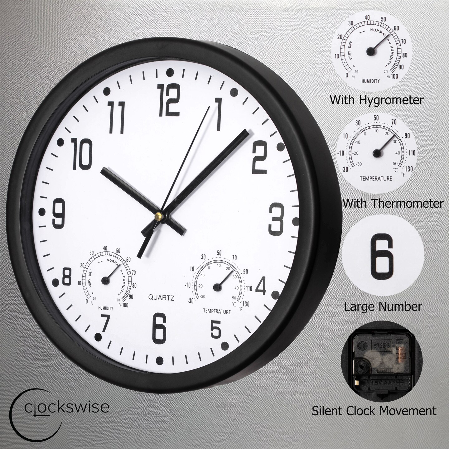 Clockswise Non-Ticking Quartz Wall Clock with Thermometer &#x26; Hygrometer - Battery Operated Plastic Analog Clock for Temperature &#x26; Humidity Monitoring - Ideal for Home, Office or School, Black