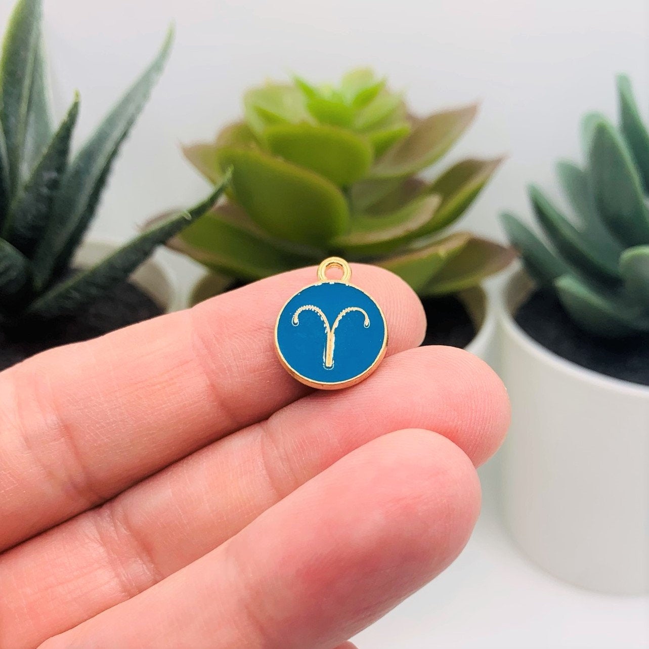 12 or 60 Pieces: Aqua Blue Enamel and Gold Zodiac/Astrology Charms, Double Sided