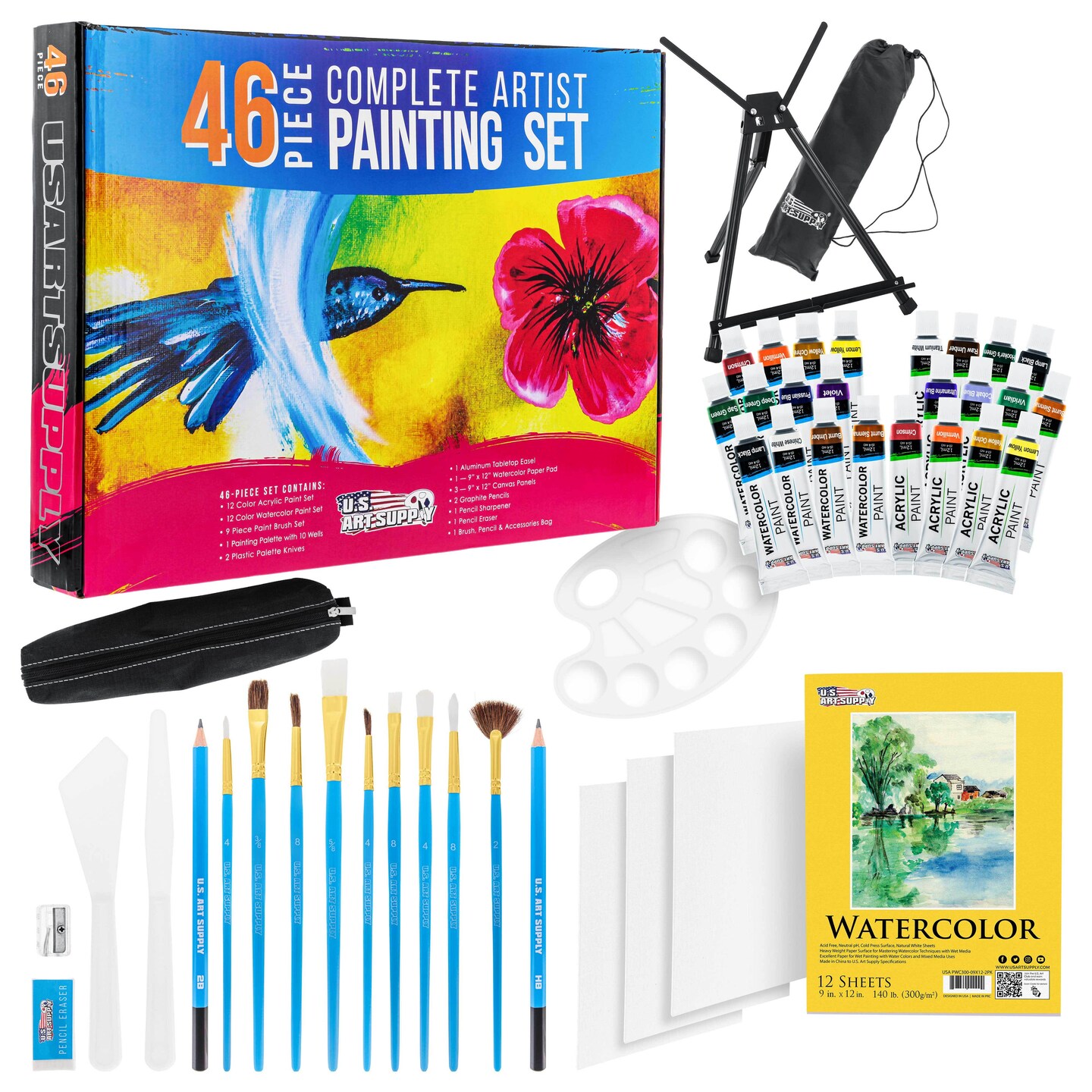 46-Piece Complete Artist Painting Set with Easel - 12 Acrylic &#x26; 12 Watercolor Paint Colors, Brushes, Canvas Panels, Watercolor Pad, Painting Palette