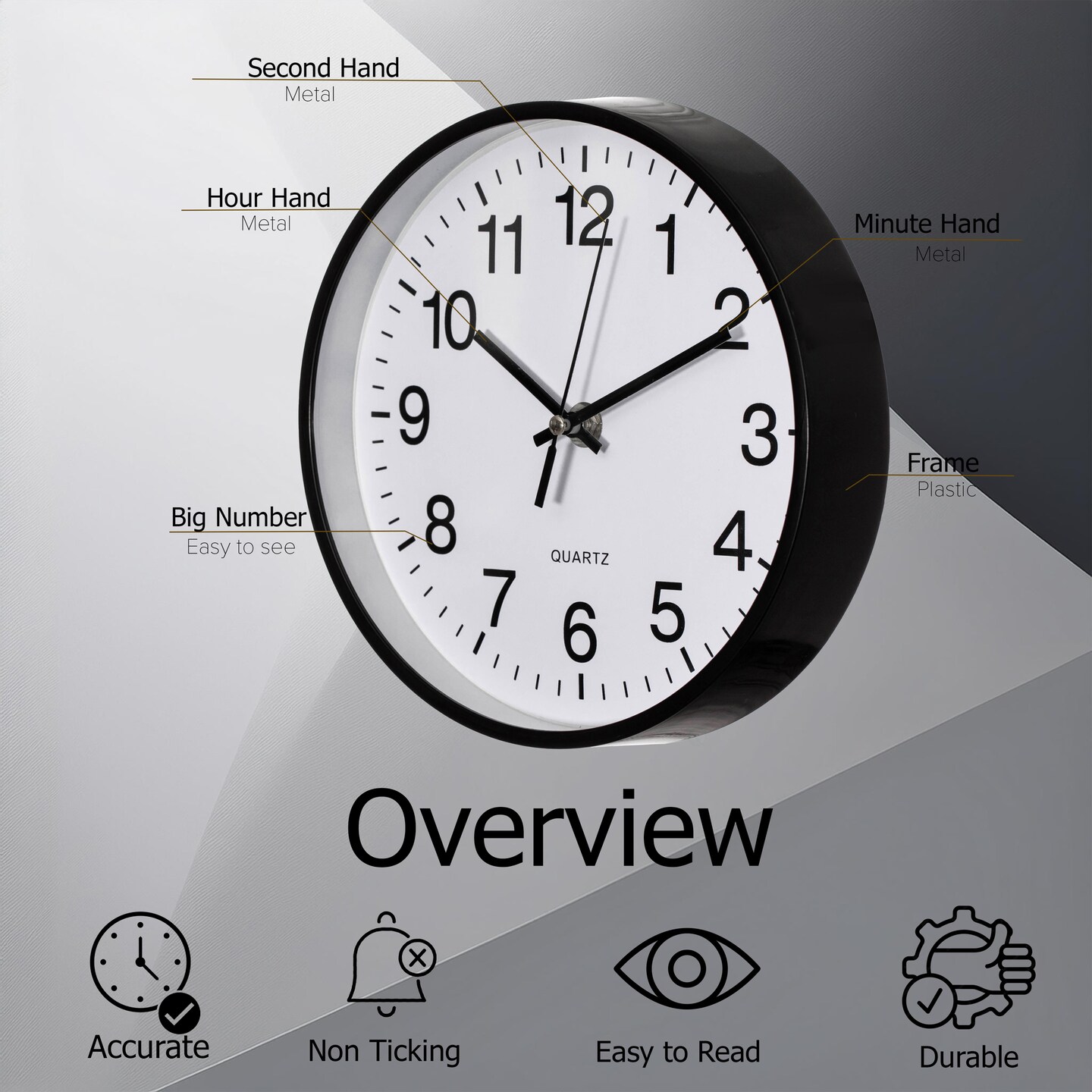 Clockswise Black Analog Clock &#x2013; Silent, Non-Ticking for Wall, Office Desk, Table and Shelf, Battery-Operated Perfect for Home Office, Farmhouse Kitchen Decor, Bathroom, School and Bedroom Decor