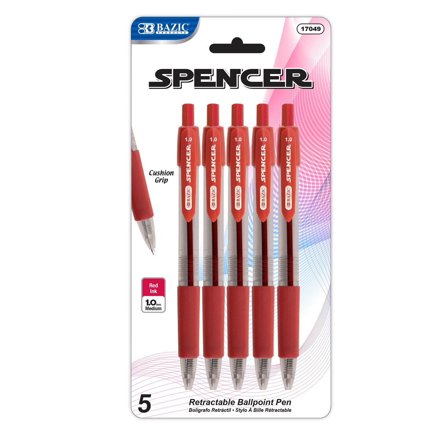 BAZIC Spencer Red Retractable Pen w/ Cushion Grip (5/Pack)
