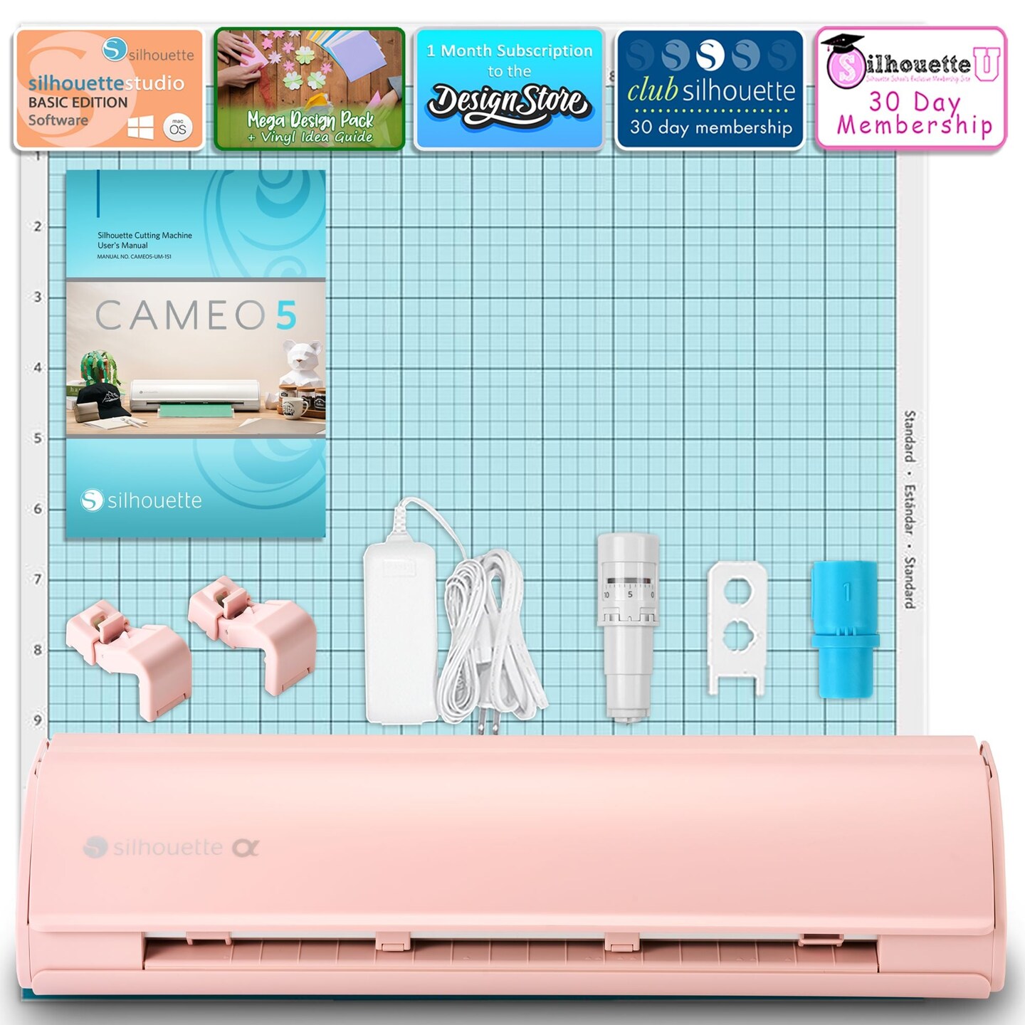 Silhouette Pink Cameo 5α Alpha w/ 38 Oracal Sheets, Siser HTV, Guides, 24 Pens