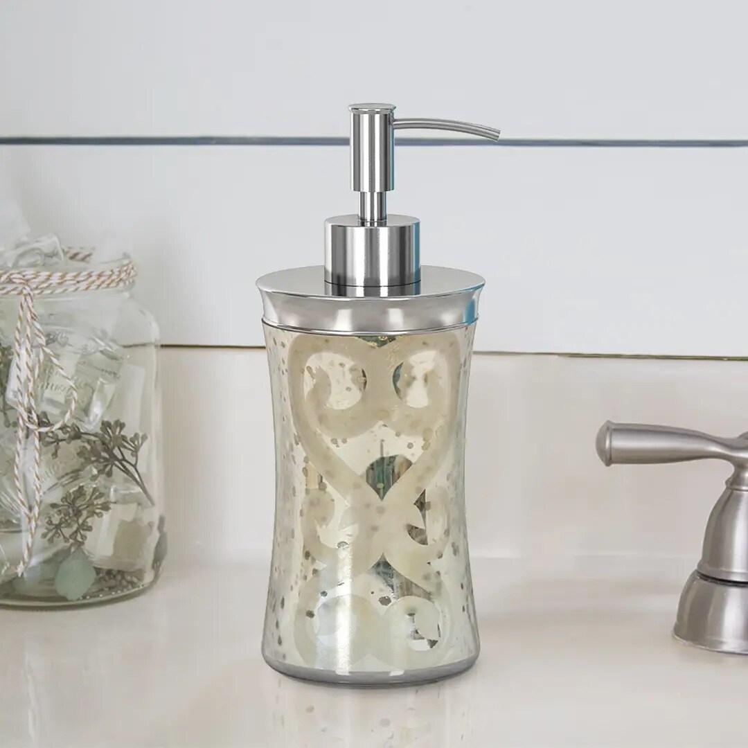 Mercury Glass Liquid Soap Dispenser Pump Bottle | Bathroom & Kitchen | Holds Soap, Lotion & Sanitizer | Etched/Mercury
