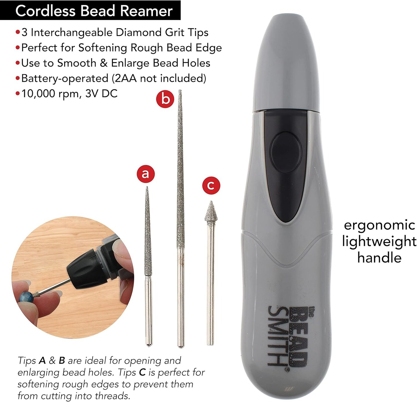 The Beadsmith Motorized Bead Reamer – Cordless: 2 AA Batteries – Included 3 Diamond Points – Use on Glass, Ceramic or Stone – Tools for Opening & Enlarging Holes & Softening & Smoothing Rough Edges