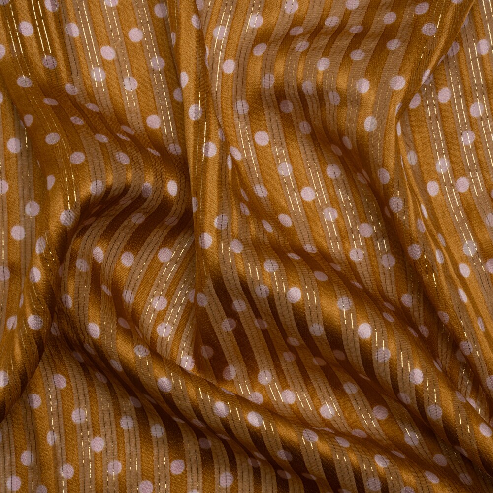 1 Yard Brown Pink Polka Dot Silk Burnout Stripe Fabric for Blouses Skirts 54" Width