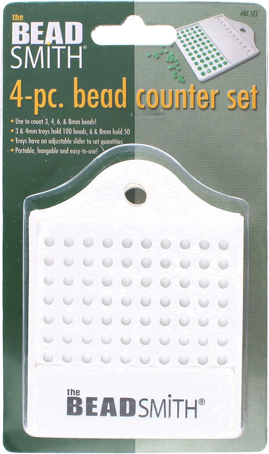 The Beadsmith Bead Counter Set – 4 Trays in Assorted Sizes, for 3-8mm Beads, w/Adjustable Slider for Set Quantities, Use to Count, Sort and Organize Beads and Pills