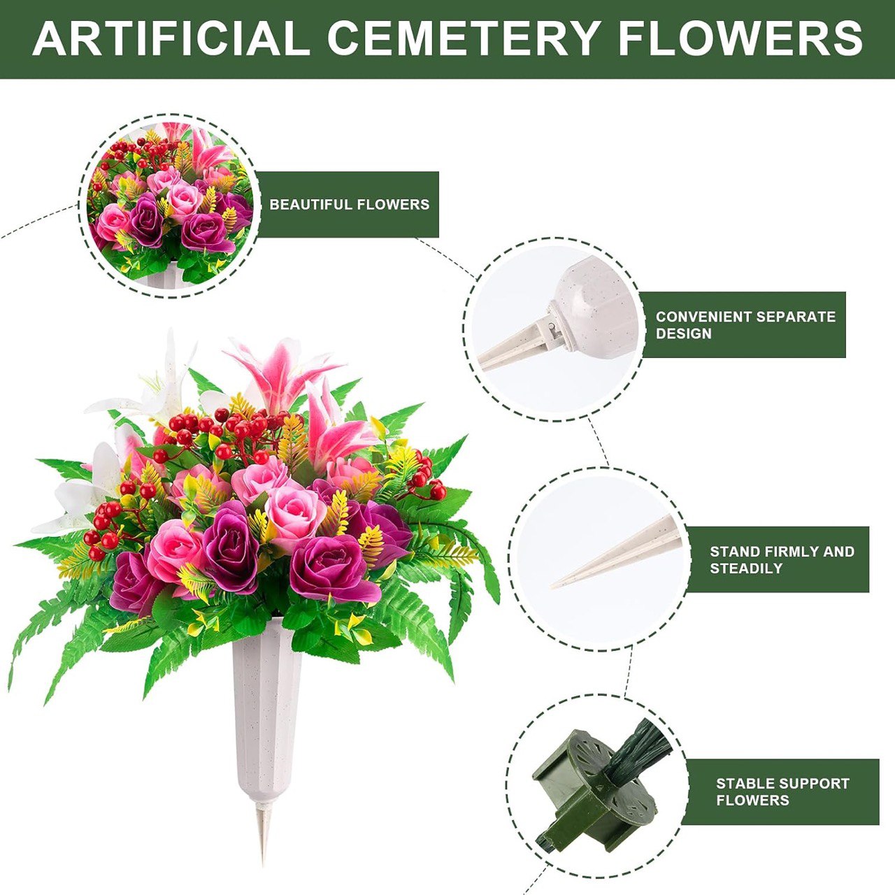 Artificial Cemetery Flowers with Vase Fake Silk Rose Lily Bouquet Grave Memorial Flowers, Colorful