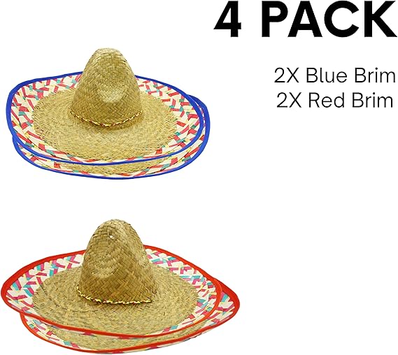 4E's Novelty 4 Pack Bulk Sombrero Hat Made Of Straw With Colorful Serape Trim And Chin Strap, Perfect Cinco De Mayo Hats For Adults Or A Giant Sombrero Hat Look Suits In mexico Sombreros For Party