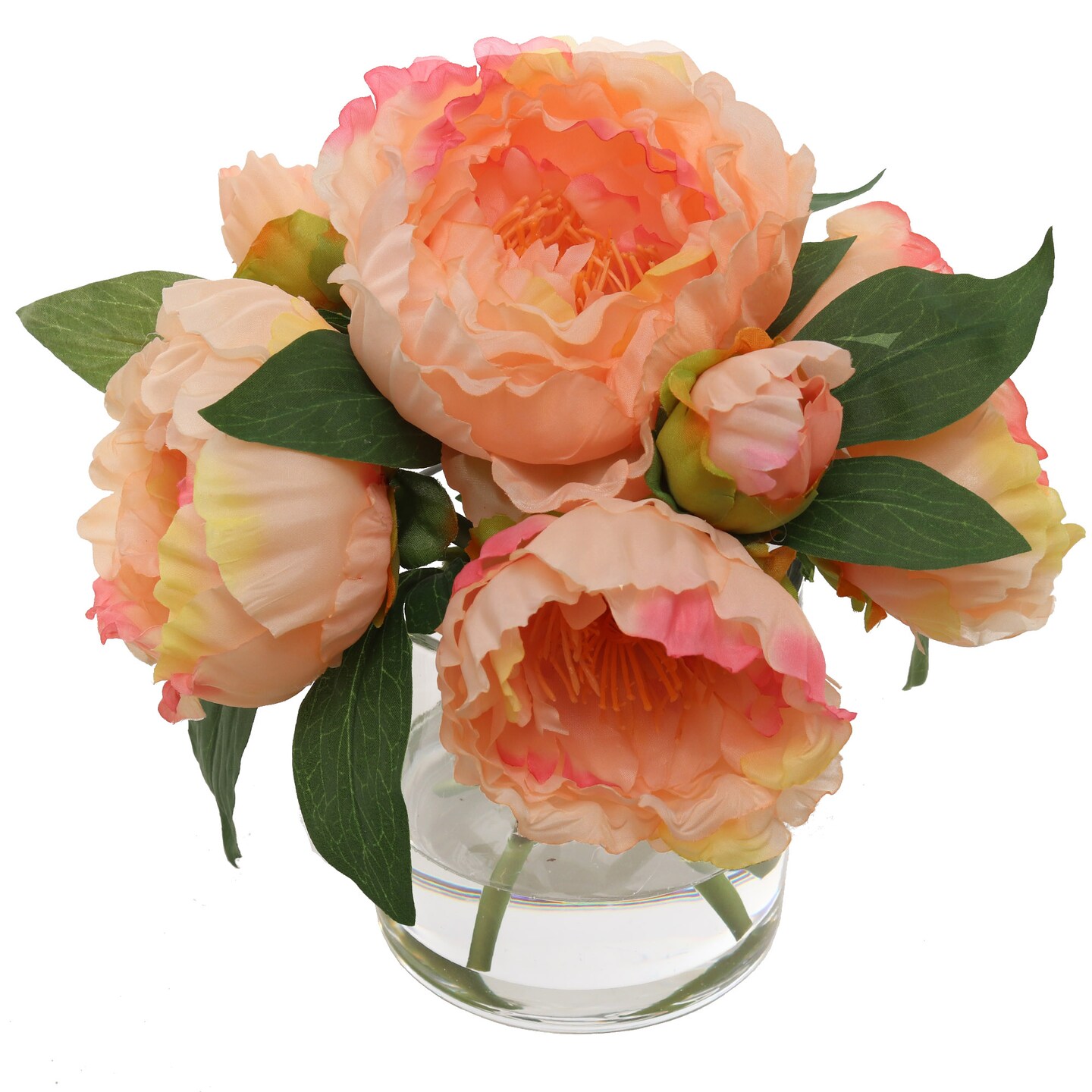 1 Piece 10&#x22; Pink Peony Flowers in Crystal Clear Glass Round Vase: Realistic Silk Blooms &#x26; Foliage, Office &#x26; Home Decor