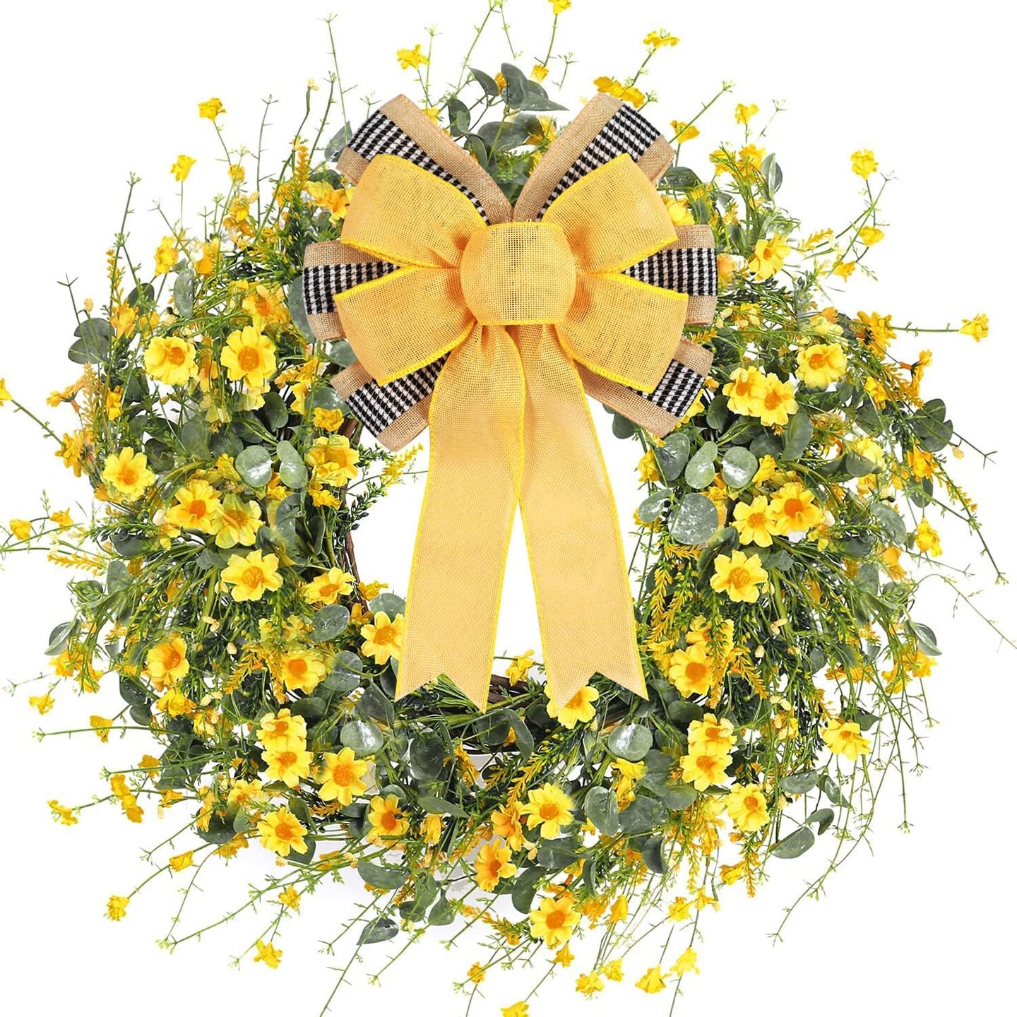 2 PCS Spring Summer Wreath Bow Decor,Decorative Bow with Yellow Burlap and Black White Stripe Ribbon for Holiday Tree Topper Home Front Door Outdoor