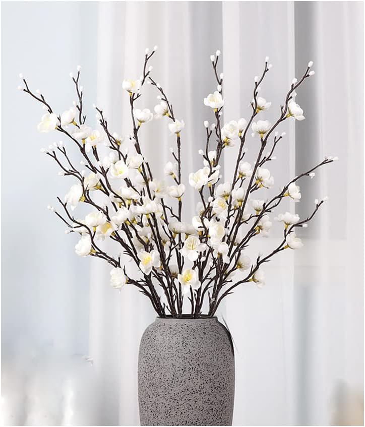 6 Pcs Artificial Plum Blossom Fake Wintersweet Long Stem Plastic Flowers Home Hotel Office Wedding Party Garden Decor 21.5&#x27;&#x27; High White