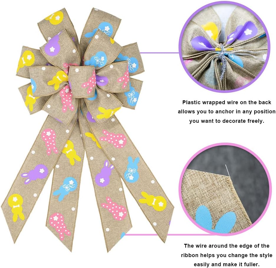 Easter Wreath Bows, Brown Easter Rabbits Pattern Burlap Bows for Wreaths - Easter Decor Burlap Tree Topper Bows for Holiday Front Door Wreath Decorations Indoor Outdoor