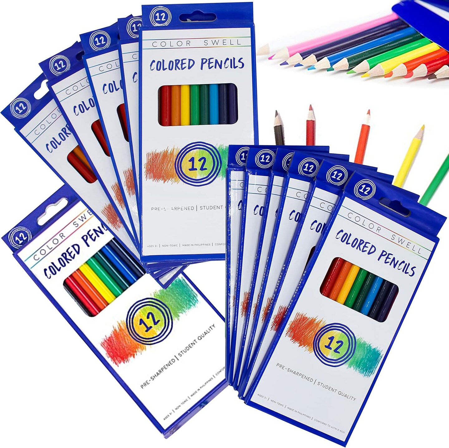 Color Swell Bulk Colored Pencils – 12 Sets, 144 Pre-Sharpened Assorted Vibrant Colors – Ideal for Kids, Teachers, and Classroom Supplies