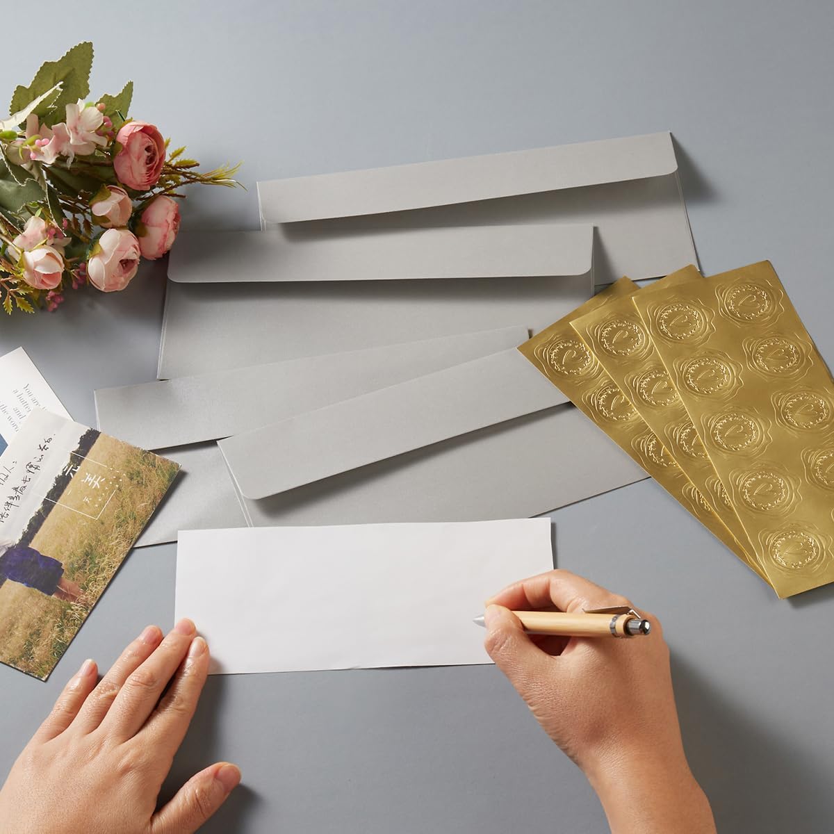 50 Pack Shiny #10 Business Envelopes Self Seal Standard Envelopes with Gold Stickers for Office Checks, Business Cards, Letter Mailing Invoices, 4.13 x 9.49 Inches (Silver)