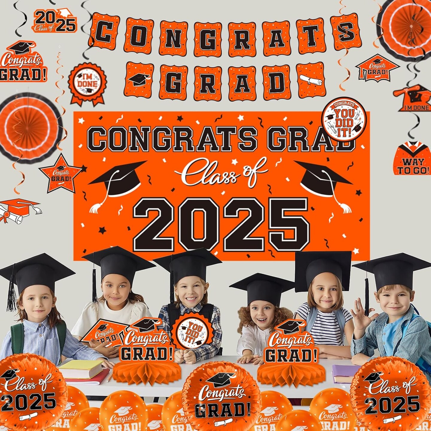 Orange Themed 2025 Graduation Decorations Set - Congrats Grad Banner, Class of 2025 Backdrop, Balloons & Streamers Kit - Complete Party Supplies for High School & College Celebrations