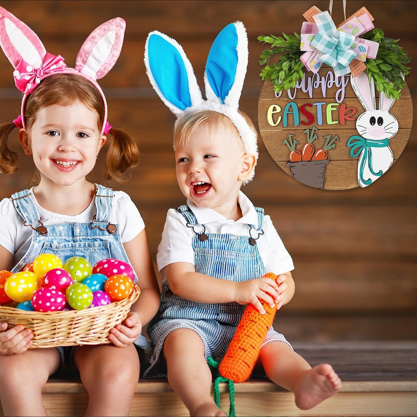 Easter Wreaths for Front Door,Easter Door Wooden Hanging Sign Happy Bunny Wreath Porch with Bow Decoration,Bunny Rabbit Spring Decorations for Home Decor (Pink)