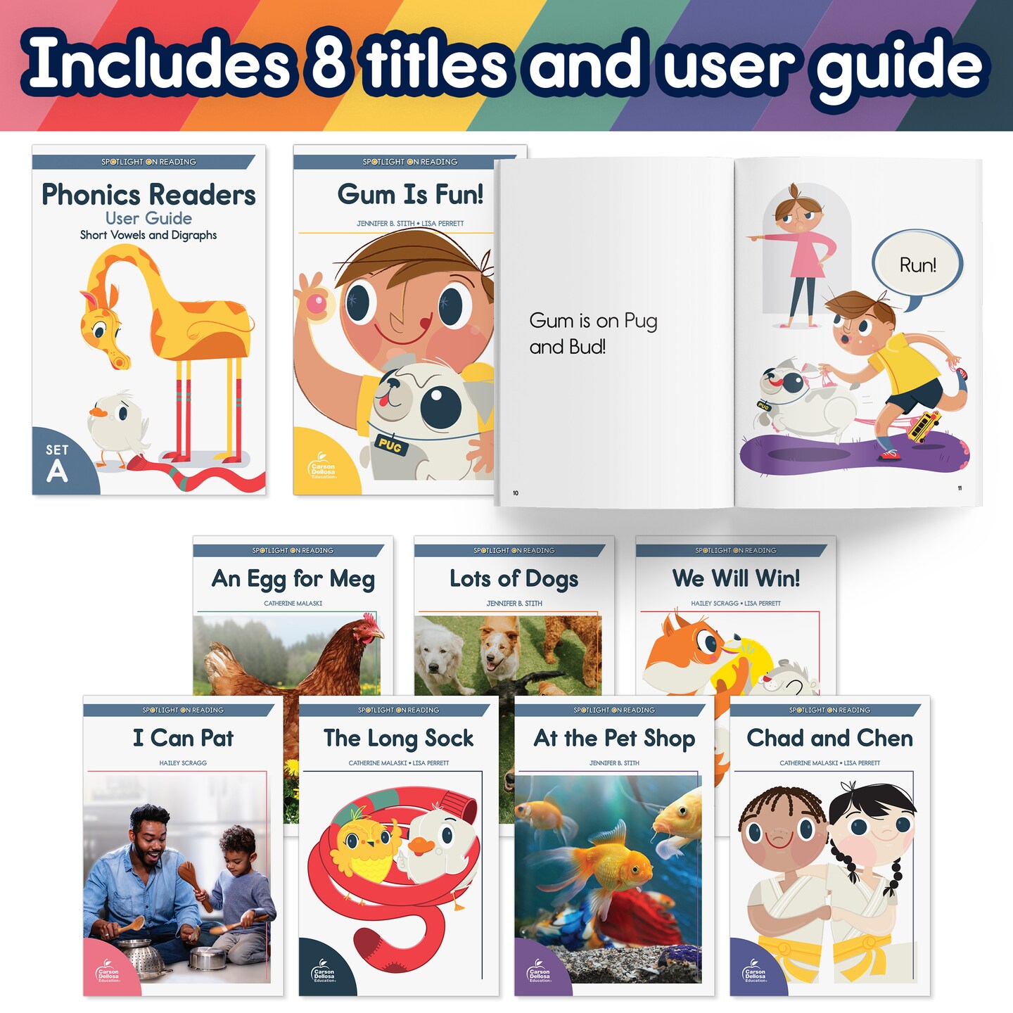 Carson Dellosa Spotlight on Reading Set A Early Readers Phonics Books, 8 Short Vowels and Digraphs Learn to Read Books for Kids 5-7 With User Guide, Kindergarten & 1st Grade Level 1 Reading Books