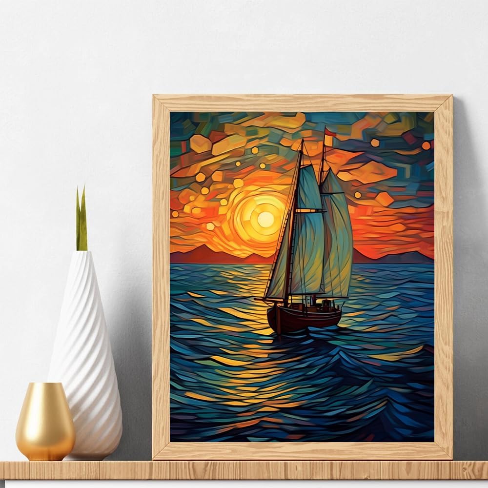 Paint by Numbers for Adults - DIY Adult Paint by Number Kits Painting on Canvas Sailboat Painting by Numbers for Beginners, Sunset Landscape Art Craft Kits for Adults (16x20 Inch)