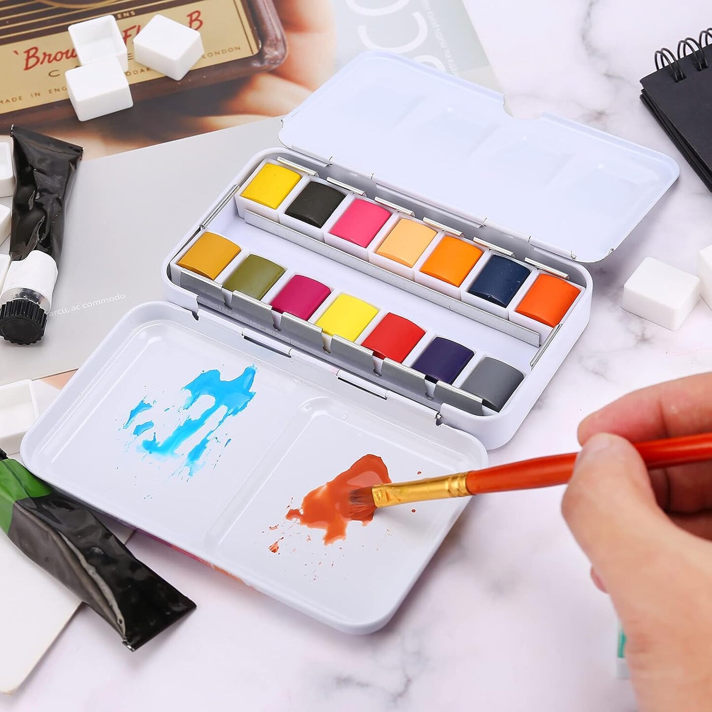 Empty Watercolor Palette, Empty Watercolor Tin Box Palette Paint Case, Foldable Watercolor Paint Palette with 12 Empty Half Pans for Watercolor and Acrylic Painting
